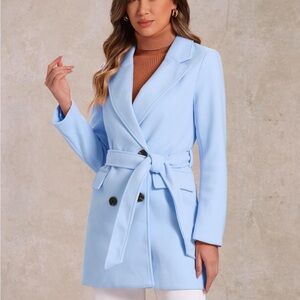 Allegra K Light Blue Belted Double-Breasted Pea Coat